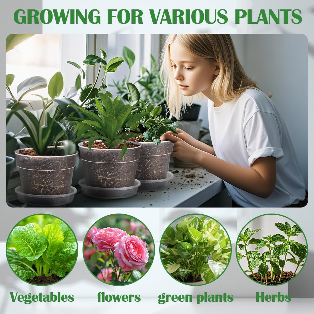 12 Pack 7 Inch Clear Nursery Pots with Saucer, Transparent Plastic Plant Pots with Drainage Holes, Sturdy Plant Starter Pots, Planter Pot for Planting Succulent Flower Herb Vegetable, Gardening Gifts