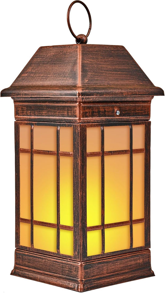 14" Solar Lantern Outdoor Waterproof, Glass Flickering Flame Solar Lanterns, Hanging Metal Lantern Decorative for Patio Front Porch Garden Backyard Tabletop Party Decoration