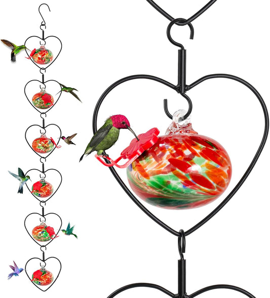 6 Pcs Heart-Shaped Hummingbird Feeder for Outdoors, Flexible Stackable Hand Blown Glass Humming Bird Feeders with 6 Adjustable Perch for Garden Tree Yard Patio Outdoors (Heart Shaped, Red)