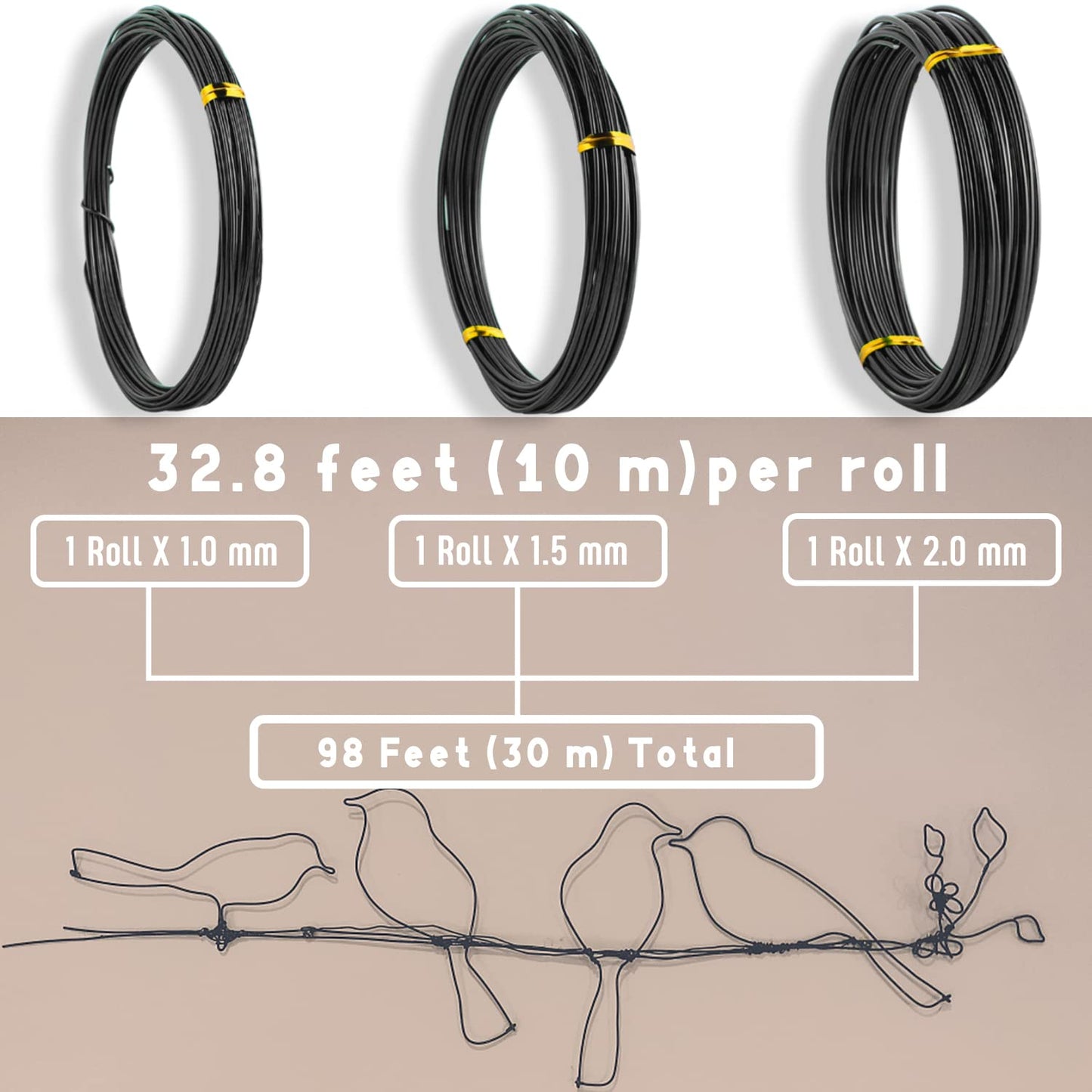 Sanlykate Bonsai Wire Tool Kit with Cutter, 3 Roll Tree Training Wires 98 Feet Total, 1.0mm, 1.5mm, 2.0mm Anodized Aluminum Wire Set, Hold Plant Branches Trunks - Black