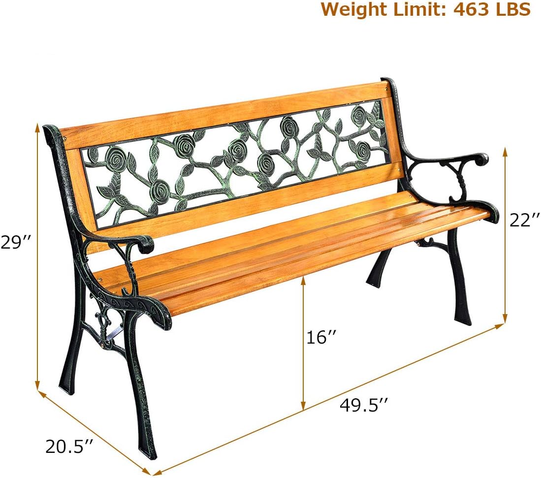 Giantex 50'' Patio Park Garden Bench, Outdoor Furniture Rose Cast Iron Hardwood Frame Porch Loveseat for 2 Person Outdoor Clearance