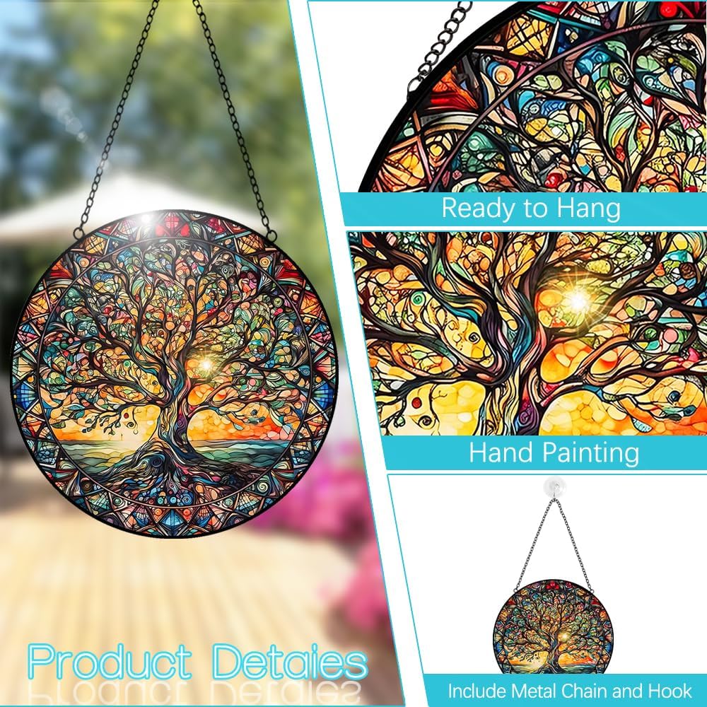 Tree of Life Suncatcher Stained Glass Window Hanging - 8″ Handmade Sun Catchers Indoor Window Catcher Suncatchers for Windows Hanging - Wall Art Home Garden Fall Decor Birthday Gifts for Women Men