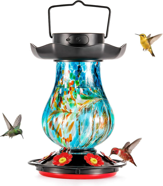 Solar Hummingbird Feeder for Outdoor - 25 fl.oz Hand Blown Glass Hummingbird Feeders for Outdoors Hanging, Large Capacity with Moat, 6 Colors Changing Light Outside Garden Decor (Blue)