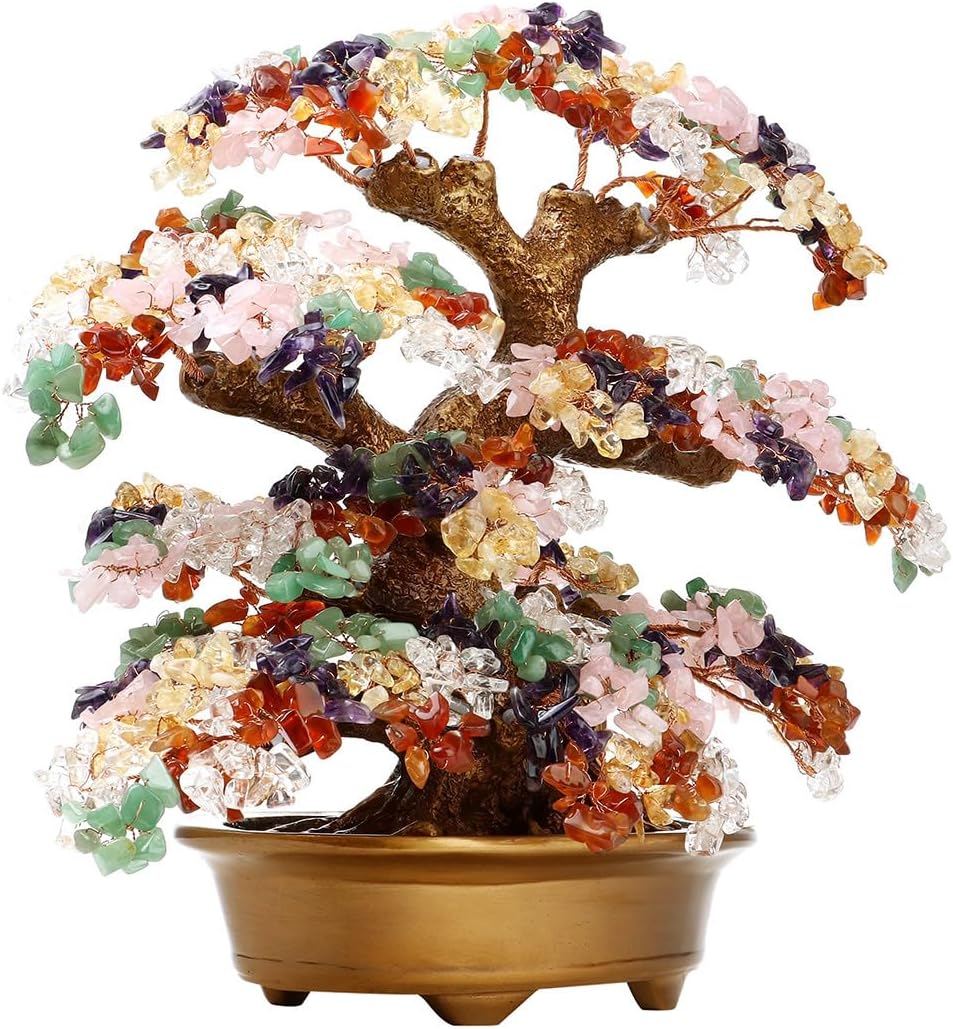 Feng Shui Money Tree Large Pine Tree Style Crystal Quartz Lucky Tree Gem Tree for Office Home Feng Shui Decoration for Wealth/Fortune and Luck (Multicolored)
