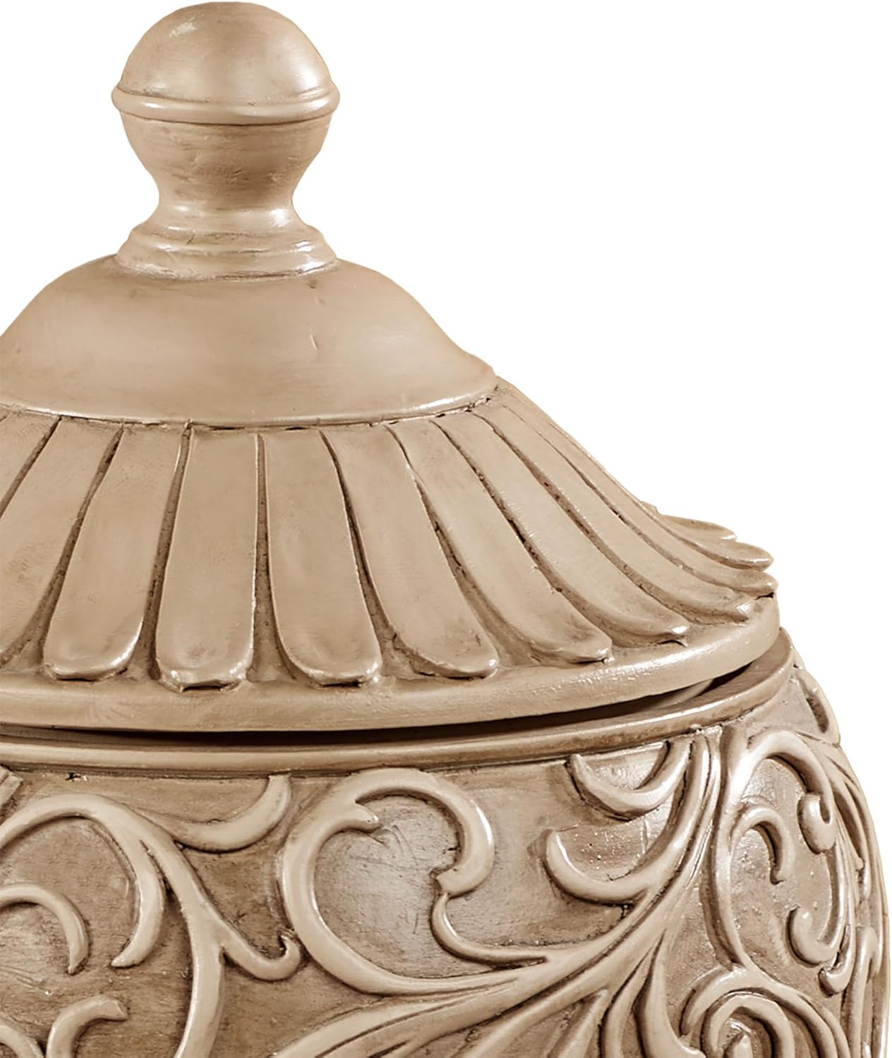 Abriella Traditional Decorative Covered Jar Tan Spherical Scrolls 11 Inches High