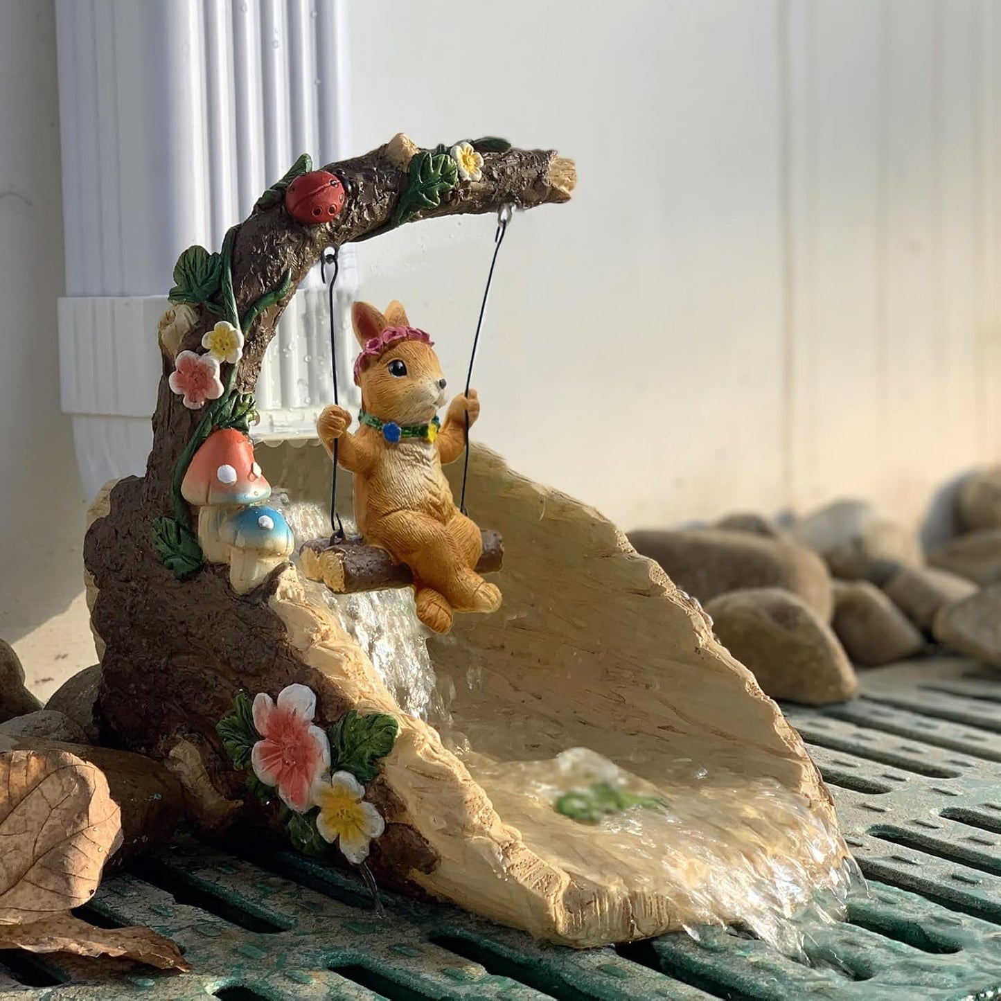 Rabbit On The Swing Gutter Downspout Extension Decoration,Rain Downspout Diverter Garden Statue,Decorative Gutter Extension,Downspout Splash Block,Animal Resin Statue Outdoor Décor