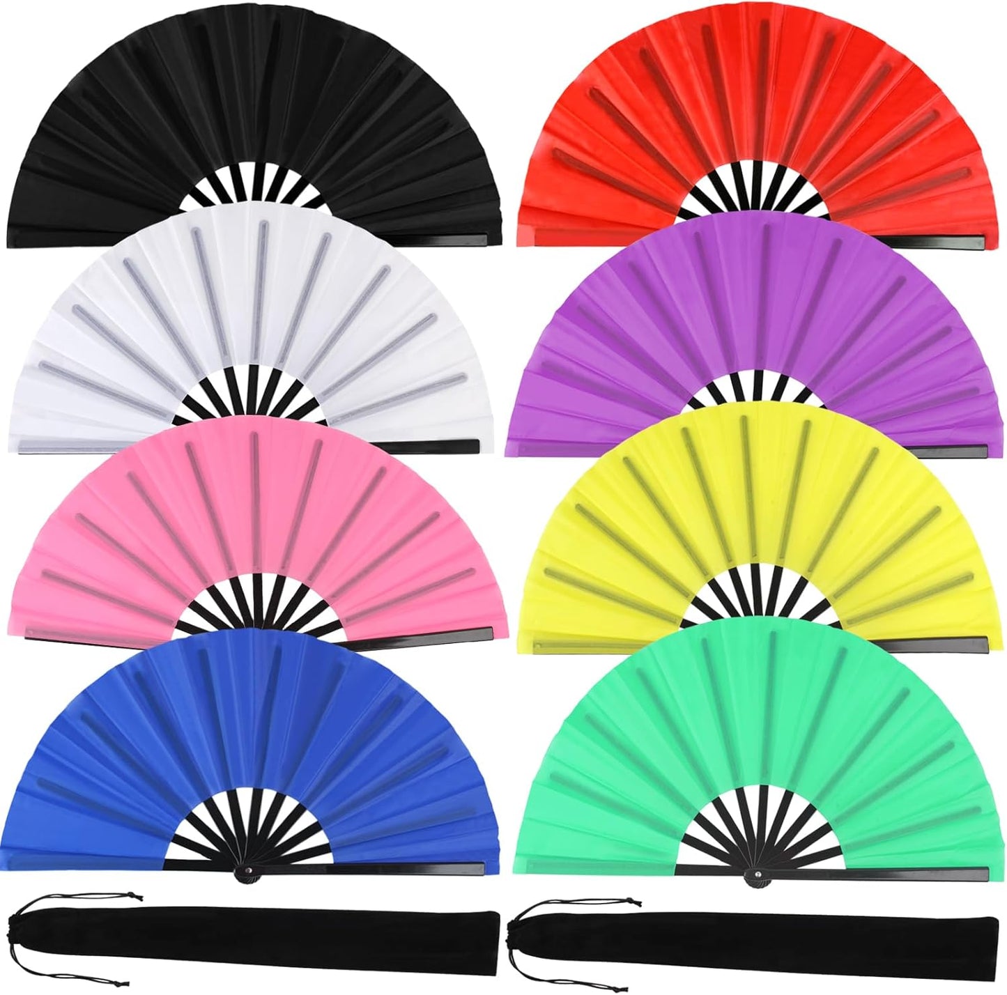 8 Pack Large Folding Hand Fans for Women/Men, Kungfu Taichi Rave Folding Fan with Bag, Large Popping Clacking Fans for Line Dancing, Concert, Party, Festival, Home Decorations(8 Colors)