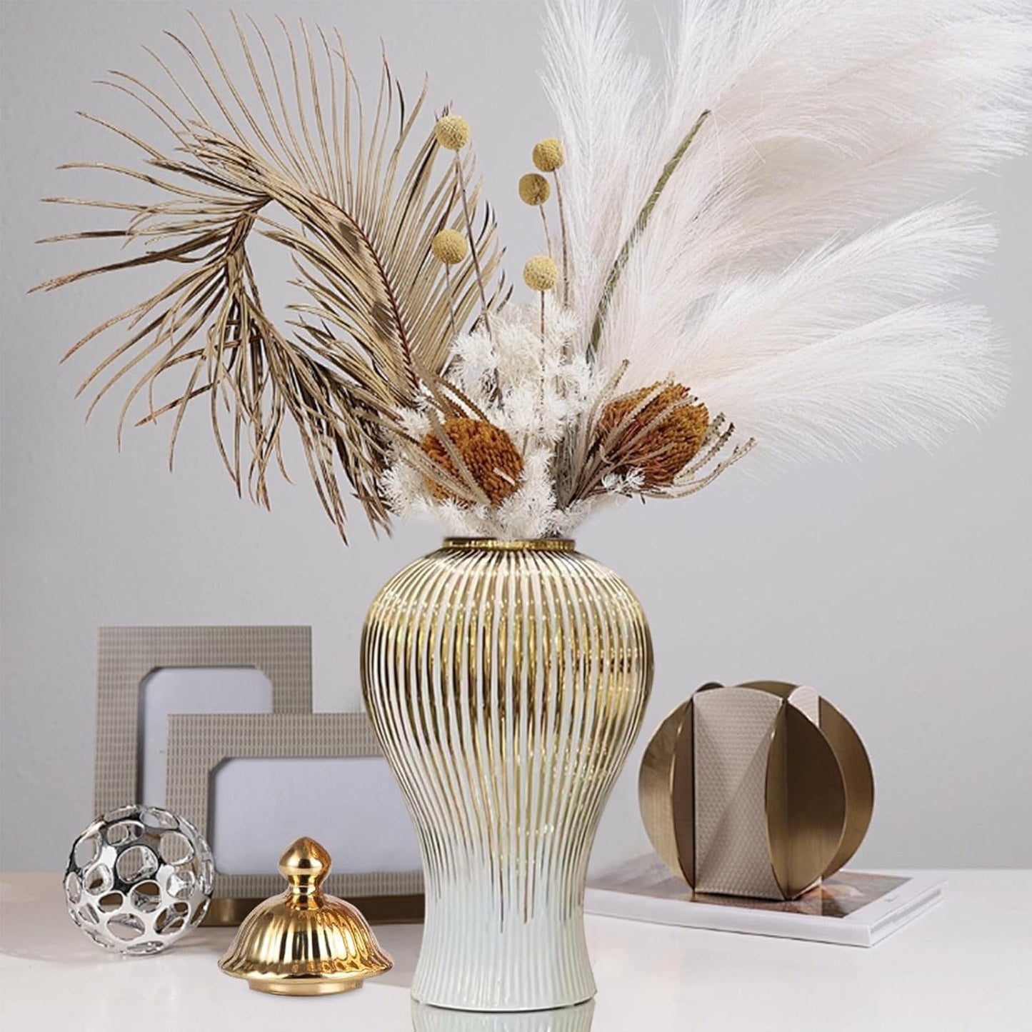 Ginger Jar, White Gold Ceramic Vase Large Handmade Porcelain Vases with Lid, White Gold Decorative Flower Vase for Home, Living Room, Weddings, Centerpieces (B-Medium)