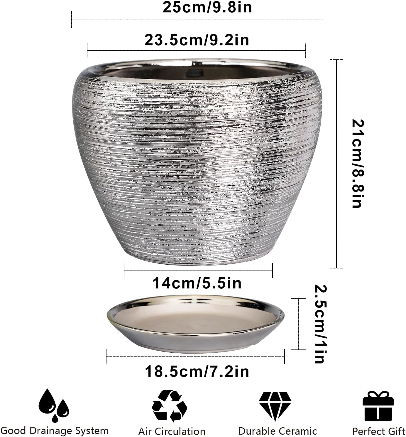 Flower Pot - 10 Inch Planter with Drainage Hole and Saucer - Indoor/Outdoor Decorative Mid-Century Planter - Silver