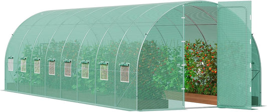 VEVOR Walk-in Tunnel Greenhouse, 27.4x9.5x7.4 ft Hoop House Greenhouse Tunnel, Plant Hot House with Galvanized Steel Frame, Green PE Cover, Swing Door and 16 Roll-up Windows for Outdoor