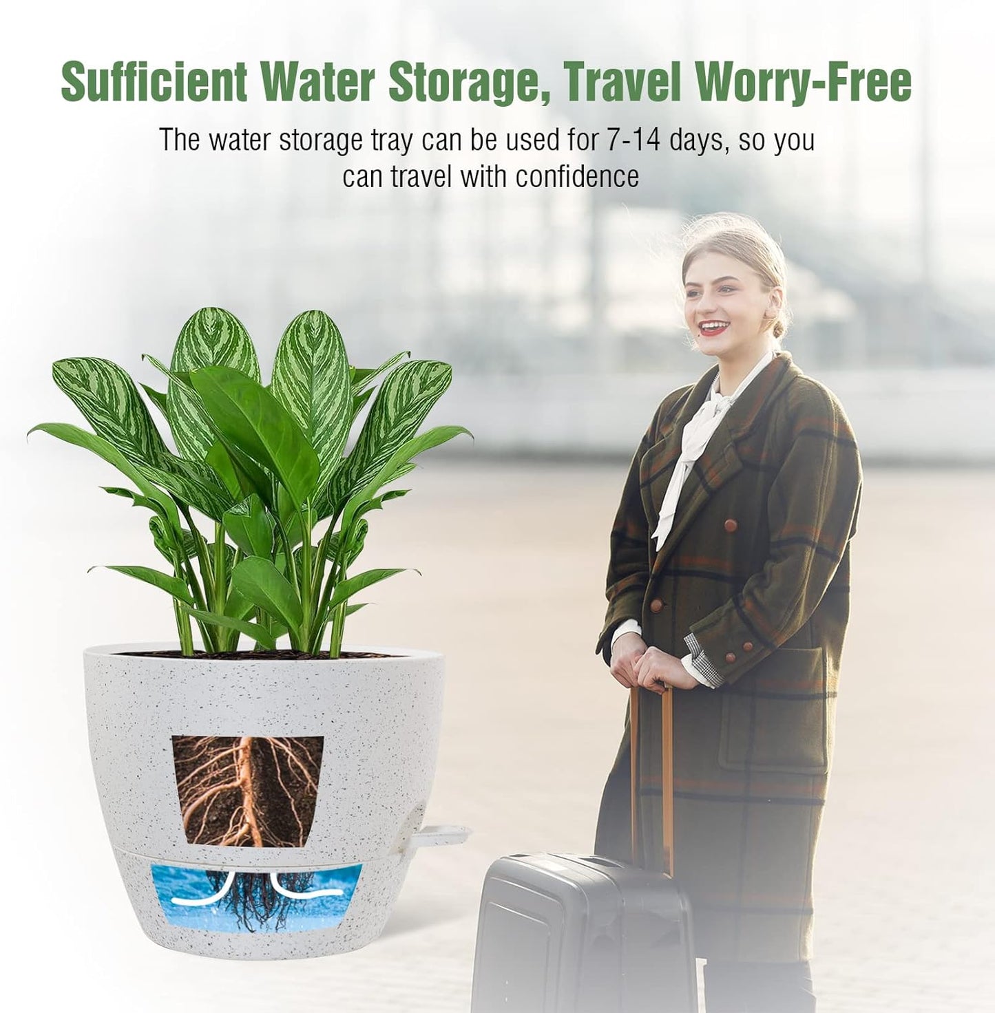 WOUSIWER 10 inch Self Watering Planters, 2 Pack Large Plastic Plant Pots with Deep Reservior and High Drainage Holes for Indoor Outdoor Plants and Flowers, Speckled White