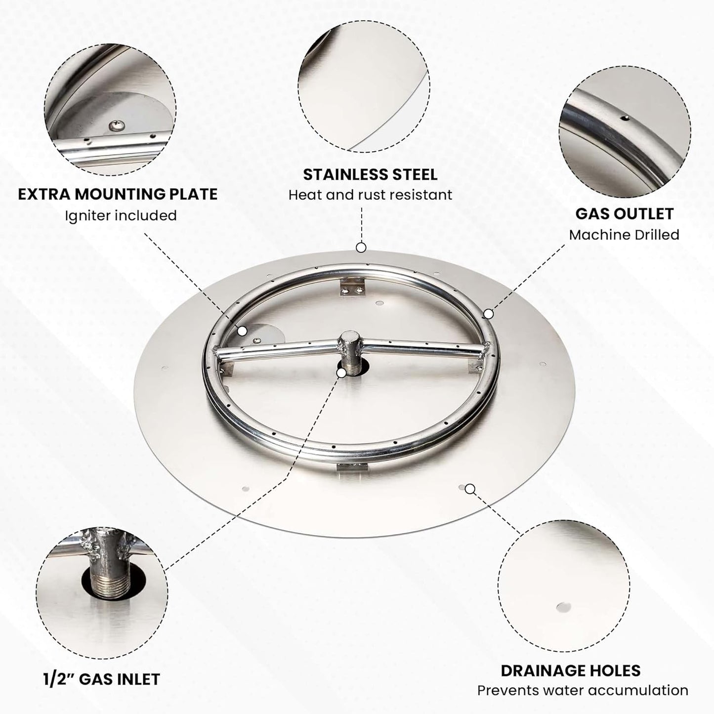 Stainless Steel Fire Pit Burner Pan & Ring Pro Kit for Liquid Propane, 18-Inch Pan, 12-Inch Ring, 90,000 BTU Max