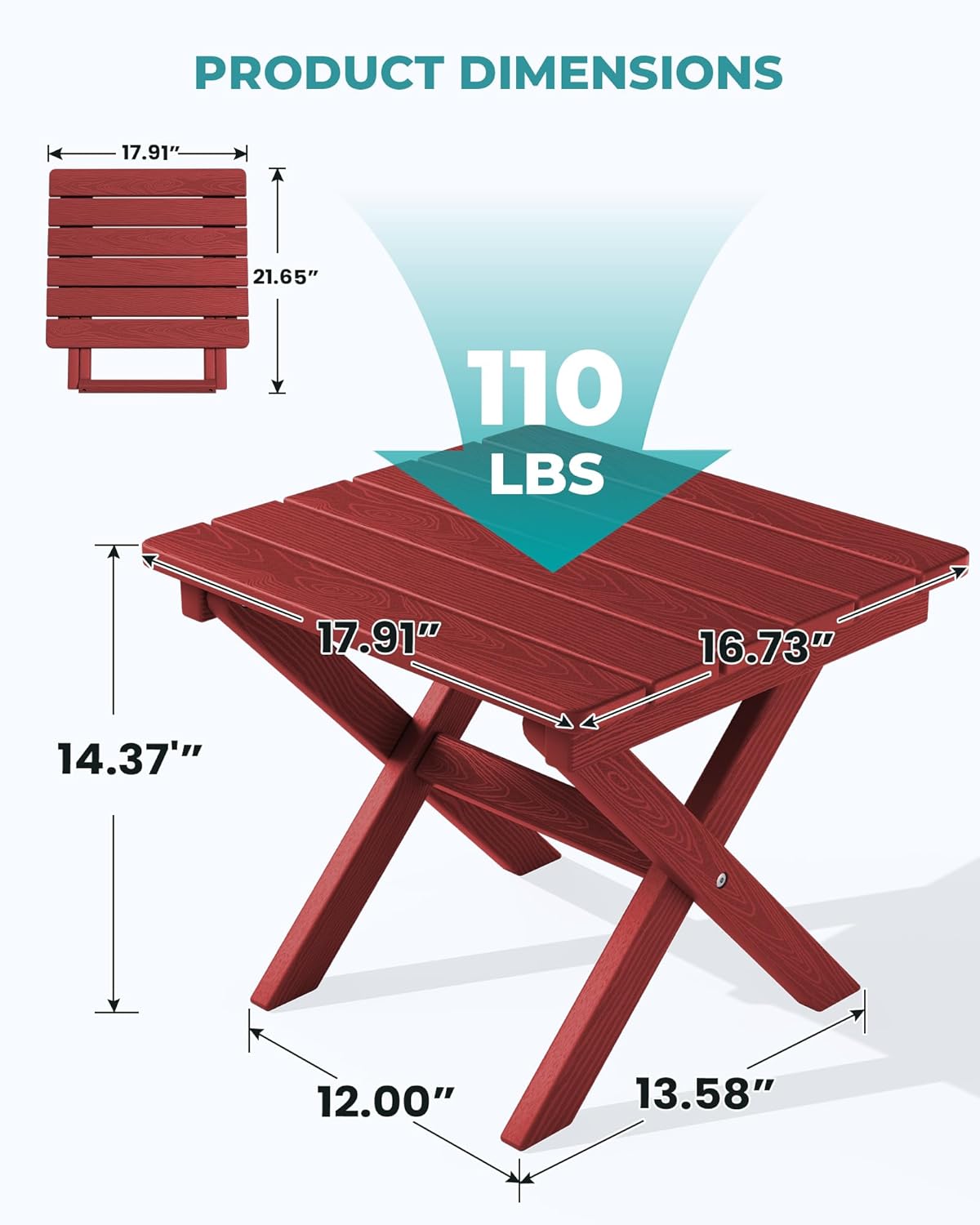 SERWALL Folding Adirondack Side Table, HDPE Small Outdoor Table, No Assembly Required End Table for Backyard Pool Porch Garden Lawn, Red