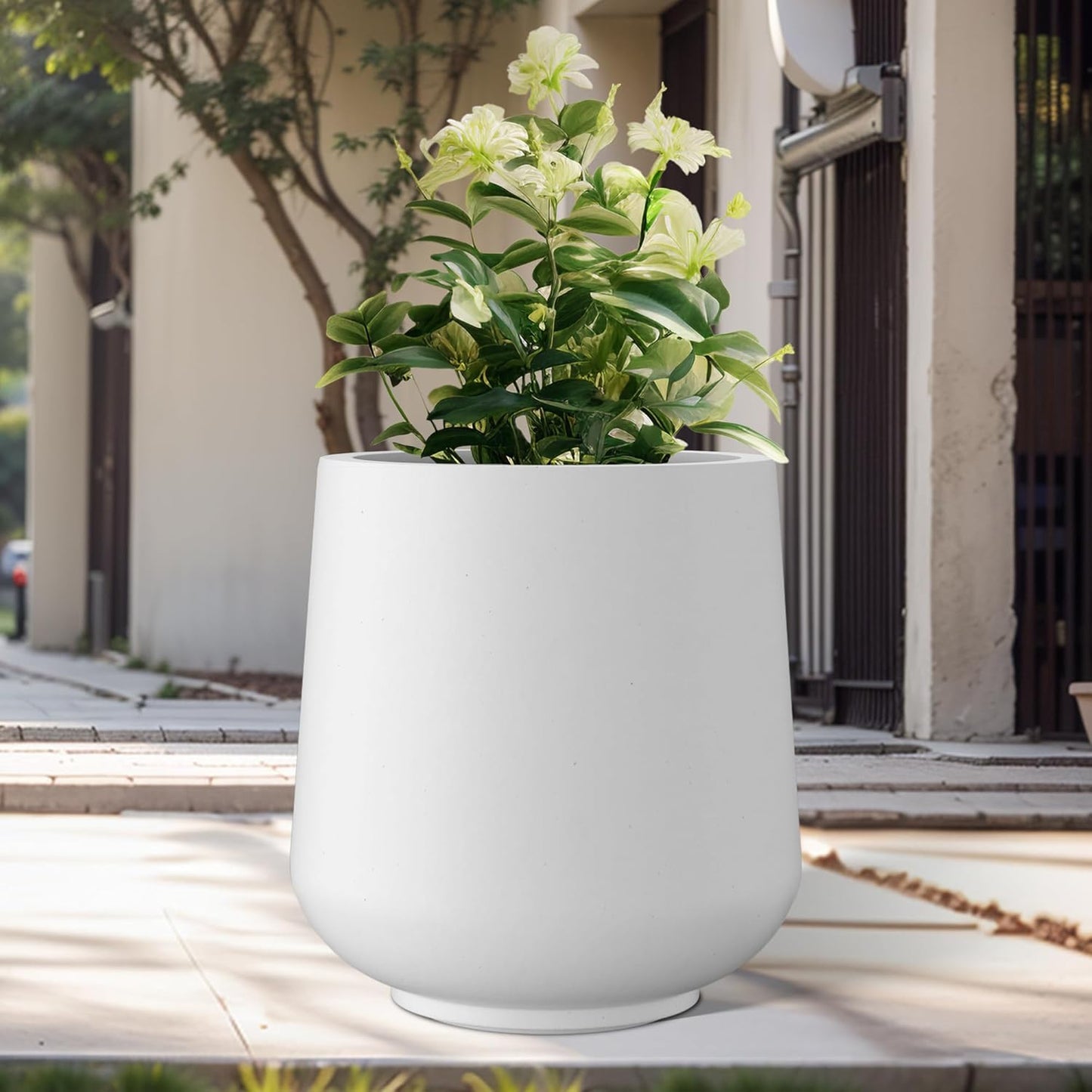 Kante 15.3" Dia Round Concrete Planter, Outdoor Indoor Large Plant Pots Containers with Drainage Hole and Rubber Plug for Home Garden Patio, Snow White
