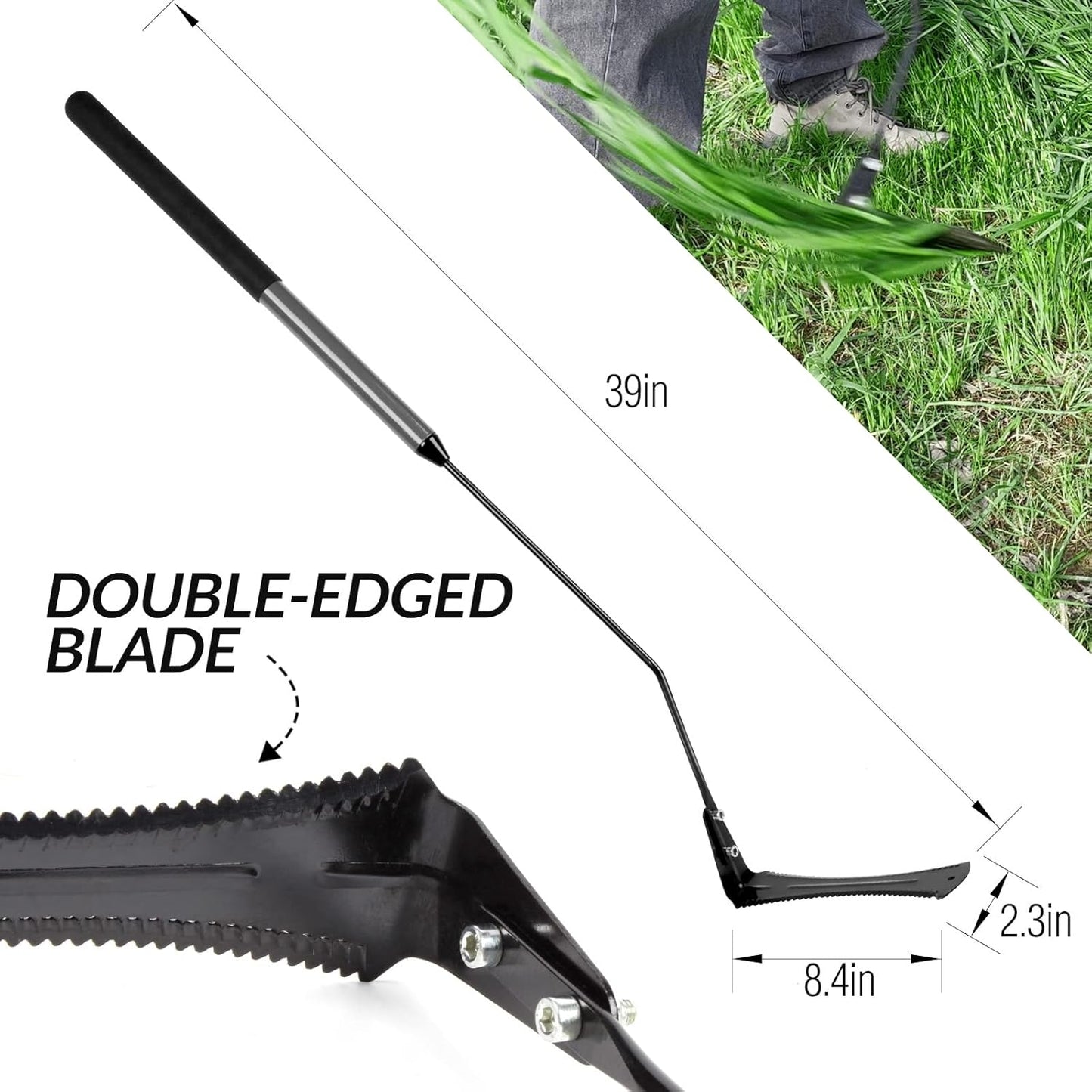 Walensee Grass Whip with Double-Edged Serrated Sharp Steel Blade Weed Grass Cutter with Soft Rubber 22-Inch Handle Cut Tall Grass and Overgrown Weeds in The Yard, Fields, and Ditches, Black,1 Pack