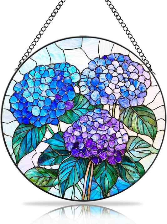 Handmade Hydrangea Flower Stained Glass Suncatcher - Vibrant Window Décor for Home/Garden,Gift-Ready Sun Catcher Art with Hook (Blue, 11.8 * 11.8IN)