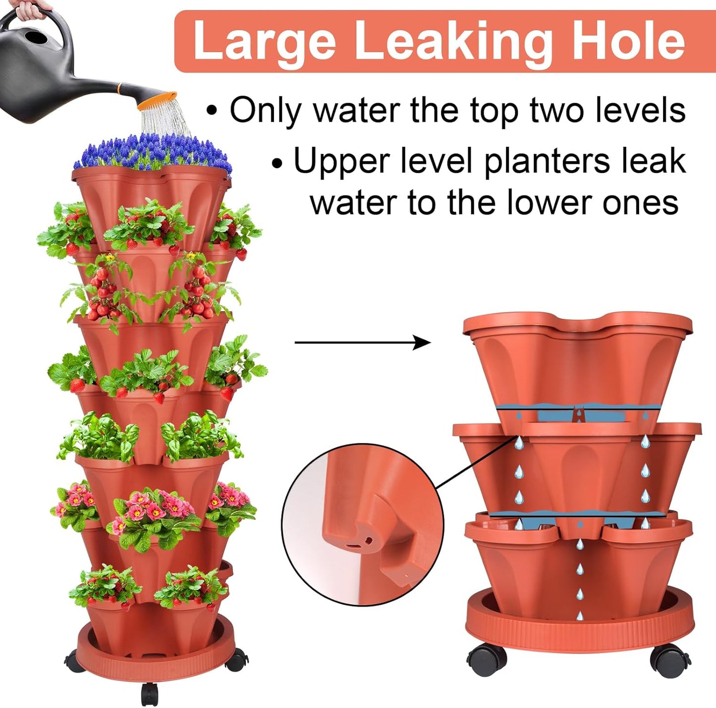 DUNCHATY Stackable Planters 7 Tier Vertical Garden Planting Tower Planters Strawberry, Herb, Flower, and Vegetable Planter Indoor Outdoor Gardening Pots with Removable Wheels and Tools, 2 Set