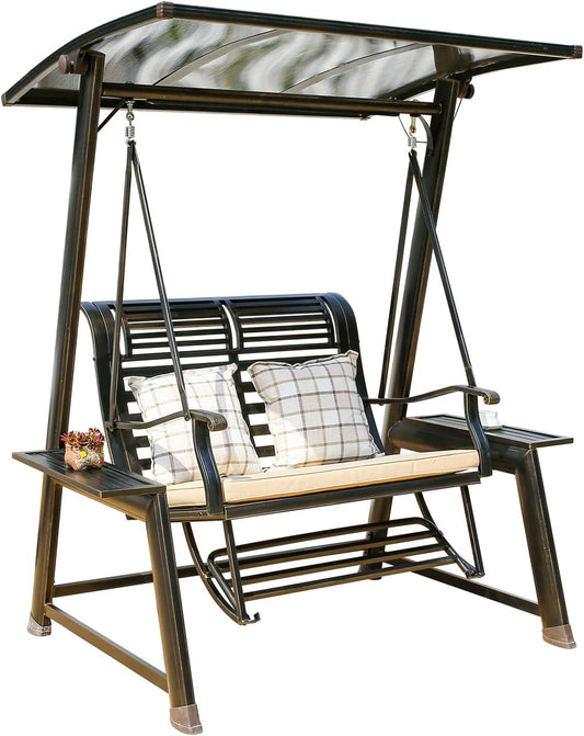 2/3-Seat Outdoor Patio Porch Swing with Adjustable Aluminum Alloy Canopy Solar Patio Swing Chair Bench with Footrest Side Cup Holder for Backyard Lawn (Heart of Ocean-2 Seat)