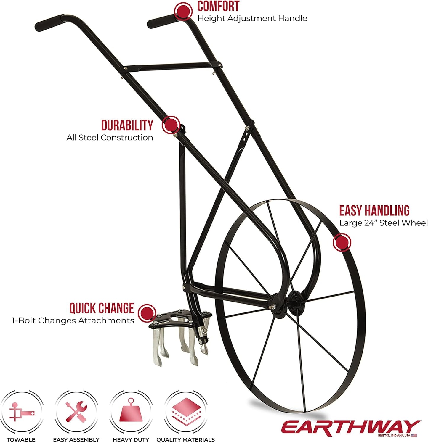 EarthWay 6500 High Wheel Tubular High Wheel Cultivator with Comfort Handle with 3- Position Adjustable, Quick Change Implements, and 24 Inch Steel Wheel