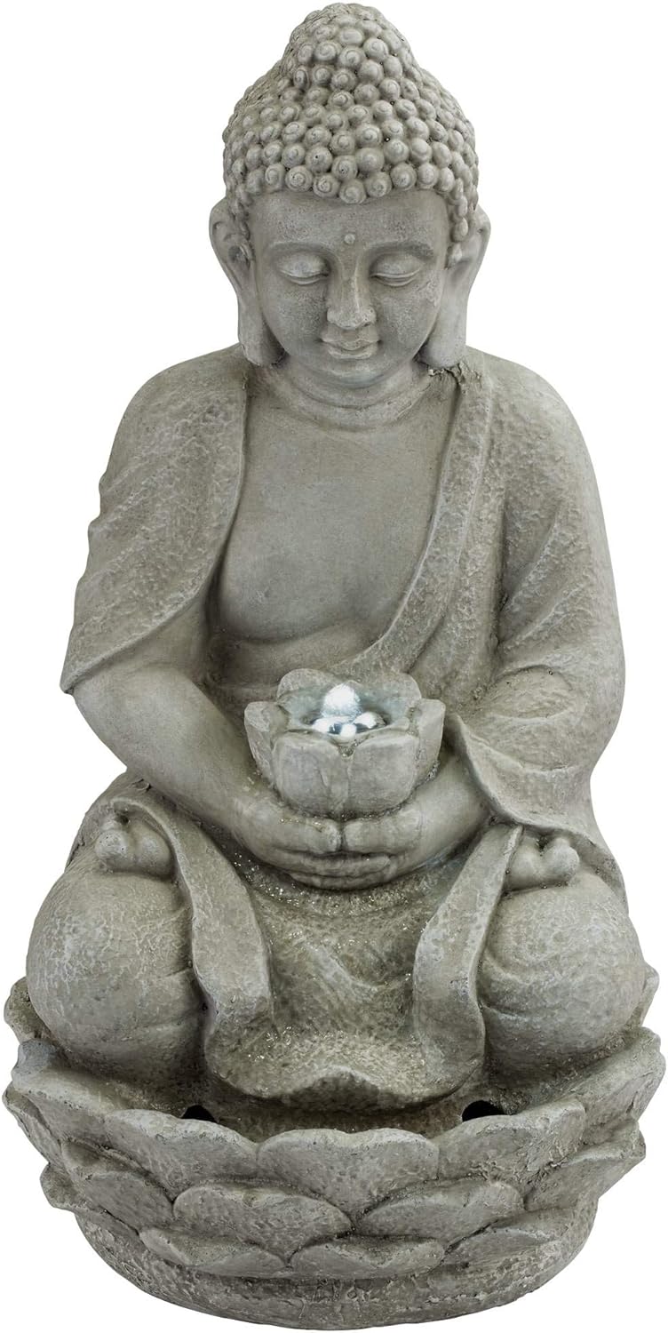 Sitting Buddha 22" High Small Zen Asian Indoor Outdoor Decor Faux Stone Tabletop Fountain with Light LED Water Feature for Outside Garden Patio Yard Desk Backyard Porch Deck - John Timberland