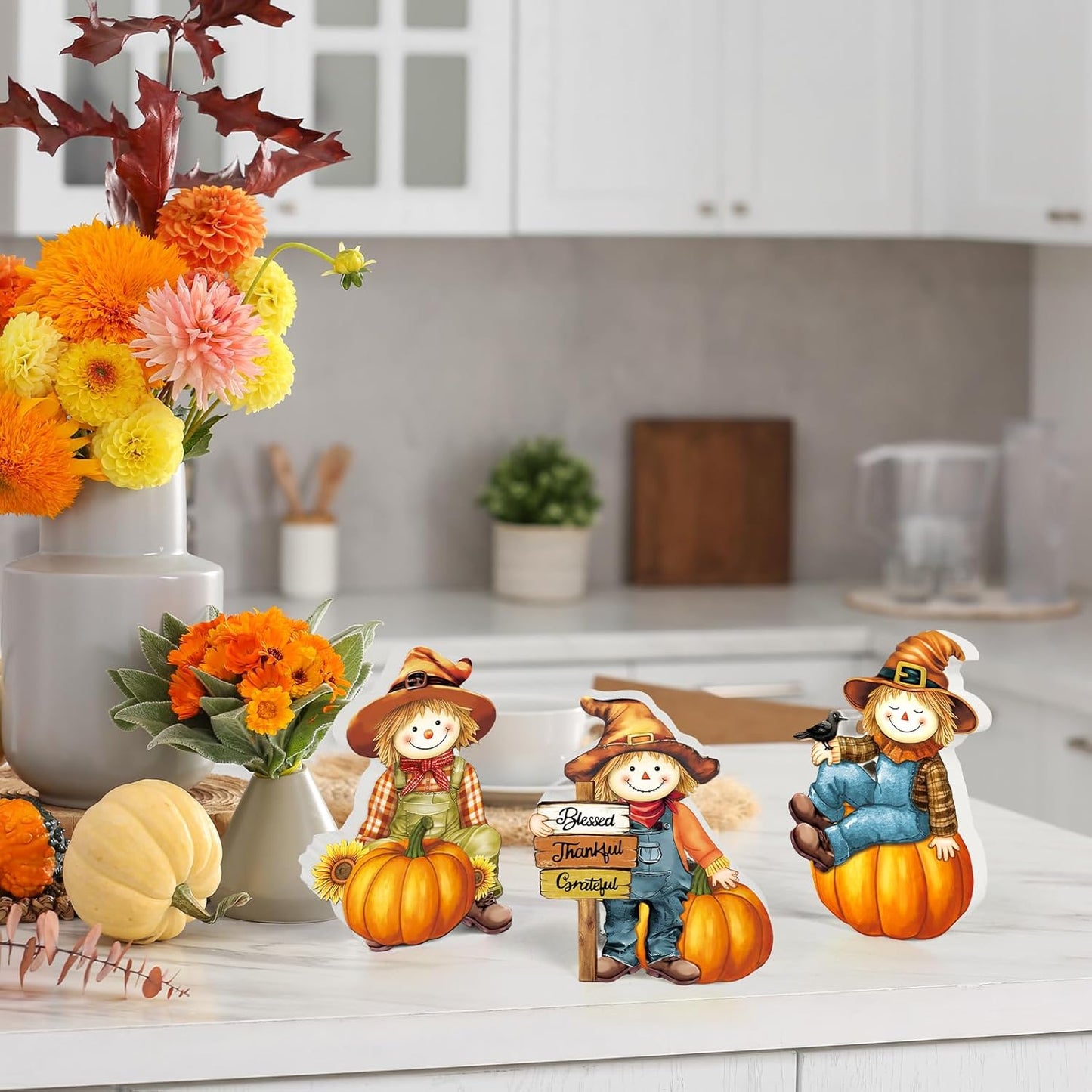 COCHIE 3 Pcs Fall Scarecrow Decor Rustic Fall Tiered Tray Decorations Wooden Scarecrow Pumpkin Sign Autumn Thanksgiving Gifts Home Office Decor Party Supplies
