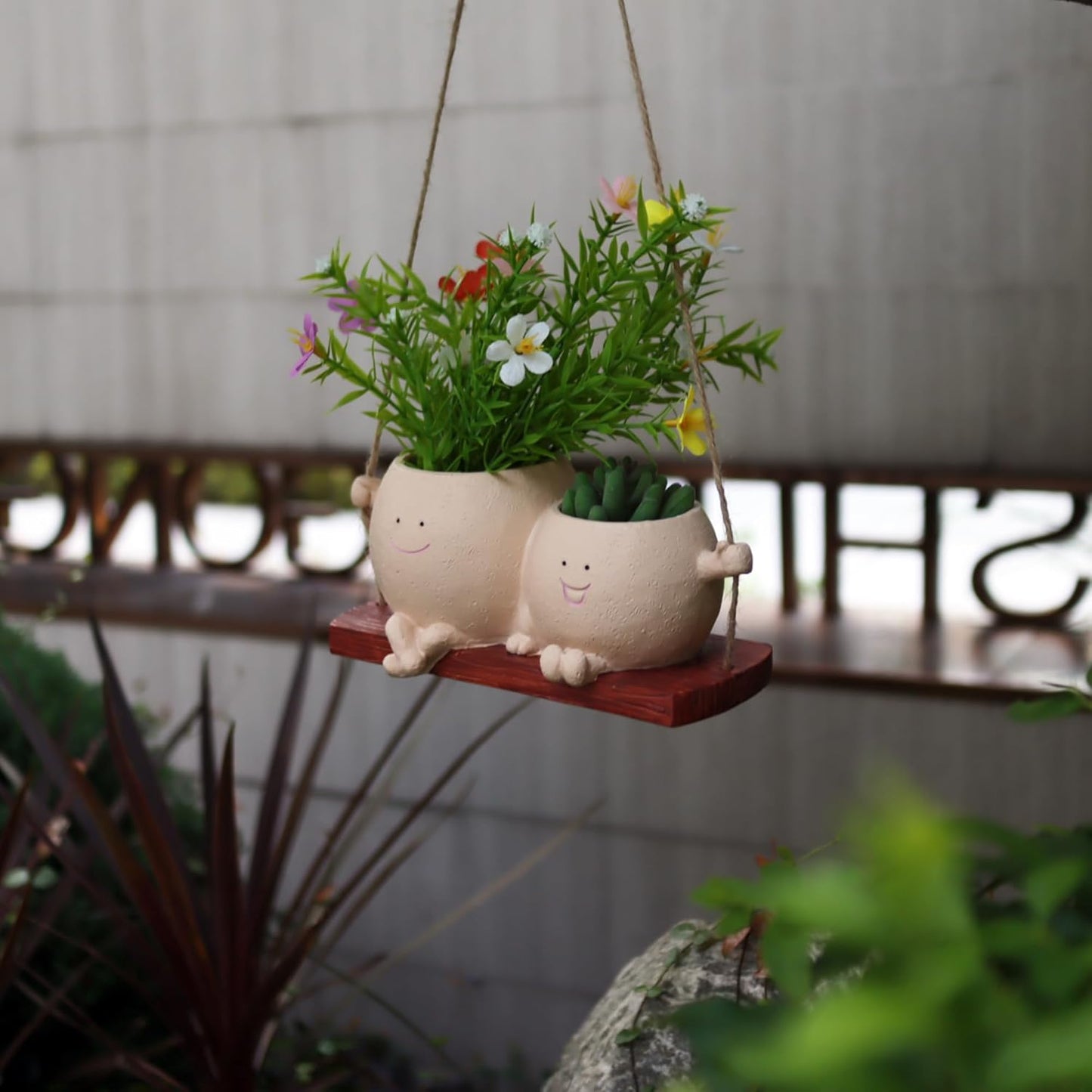 Hanging Planter Swinging Face Planters, Unique Head Flower Pots for Indoor Outdoor Plants, Cute Face Vase Funny Fence Wall Planter Succulent Pots