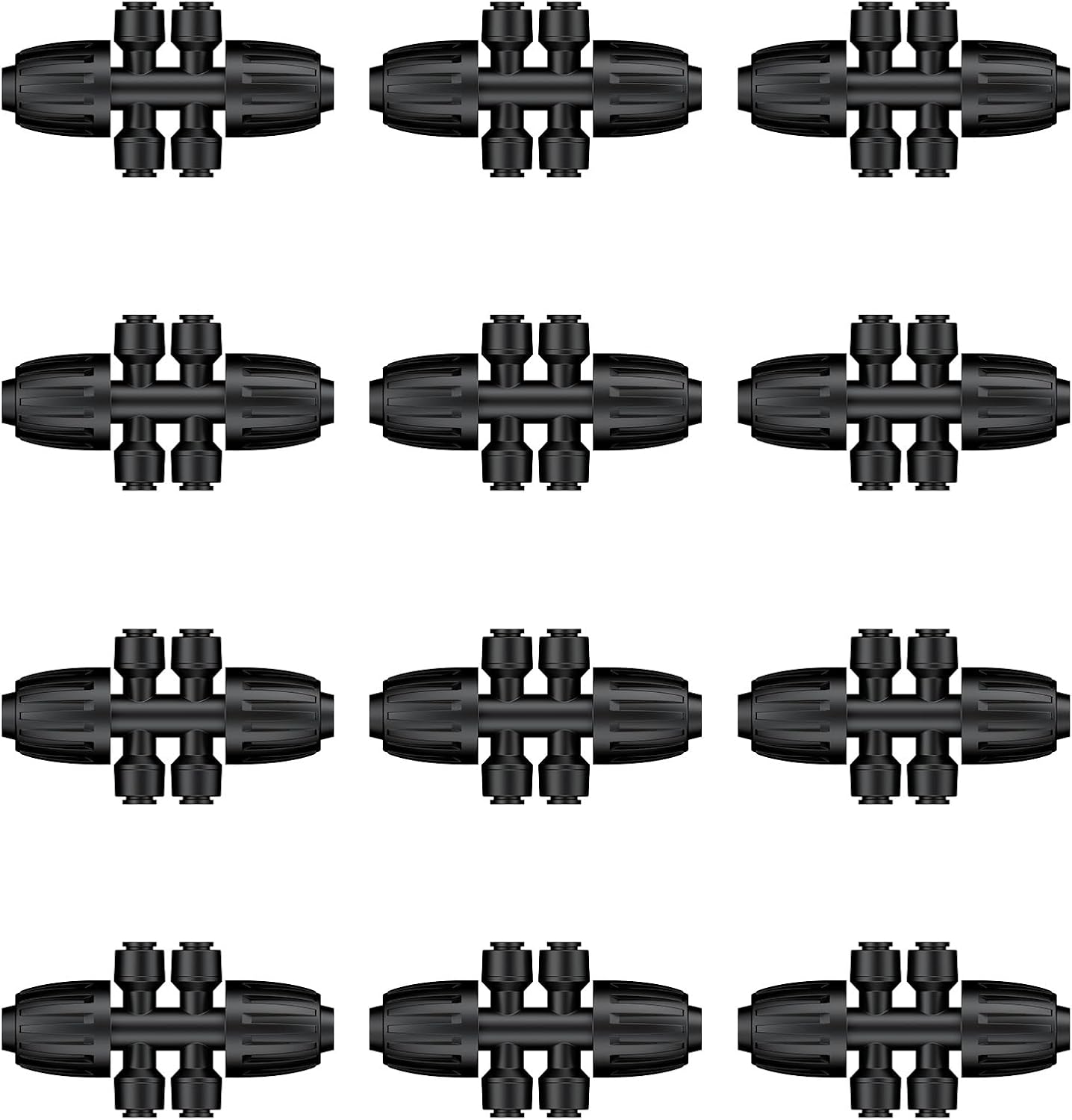 Pawfly 12 Pcs 1/2'' to 1/4'' Drip Irrigation Fittings, Anti-Leak Reducing Tees, Push-to-Fit Drip Irrigation Parts for Garden Lawn, 6-Way Barbed Tee Quick Connectors with Anti-Drop Locked Nuts
