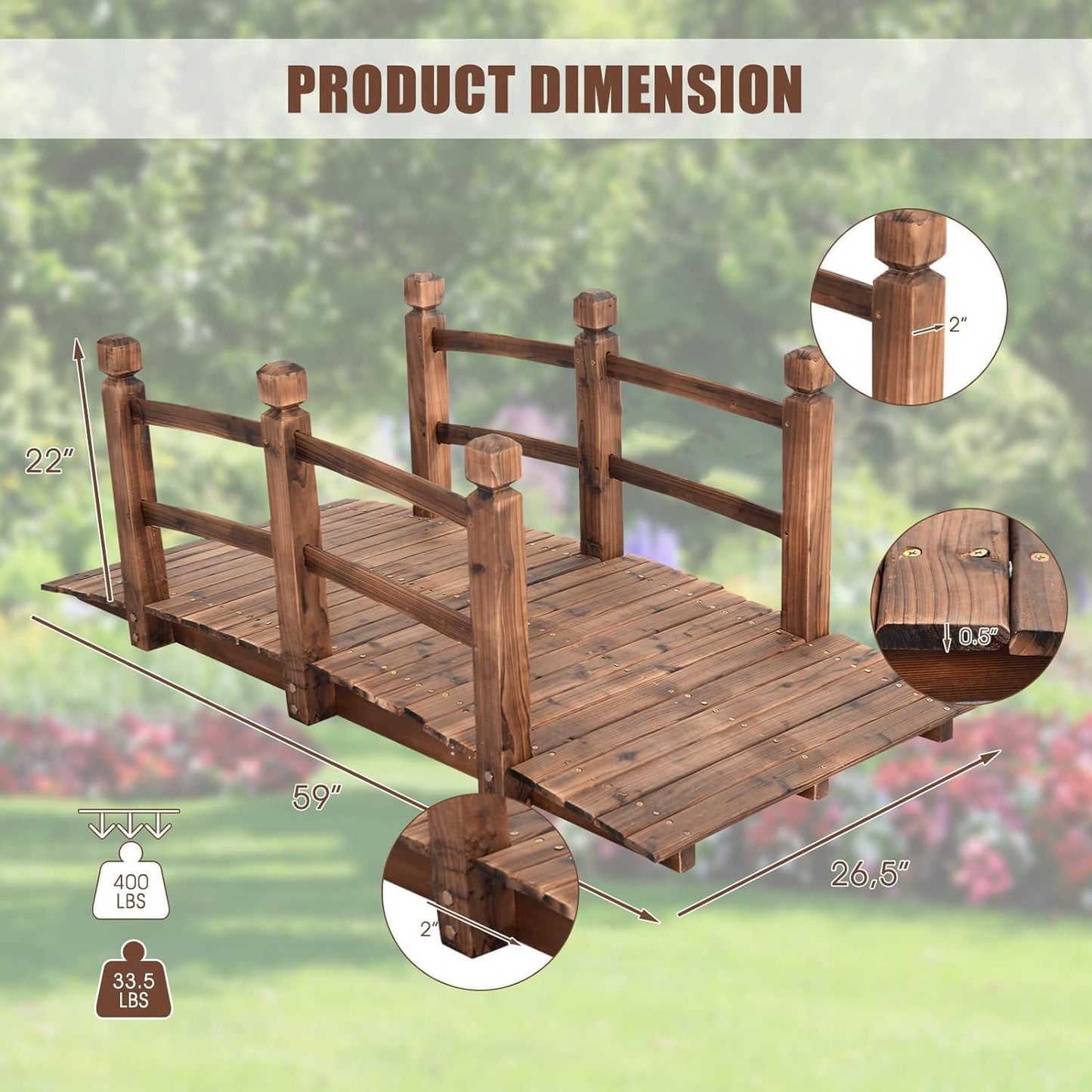 Giantex 5 FT Wooden Garden Bridge, Stained Wood Arc Footbridge with Railings, 400 lbs Capacity, Decorative Pond Bridge for Outdoor Garden Yard Backyard Creek Farm (Brown)