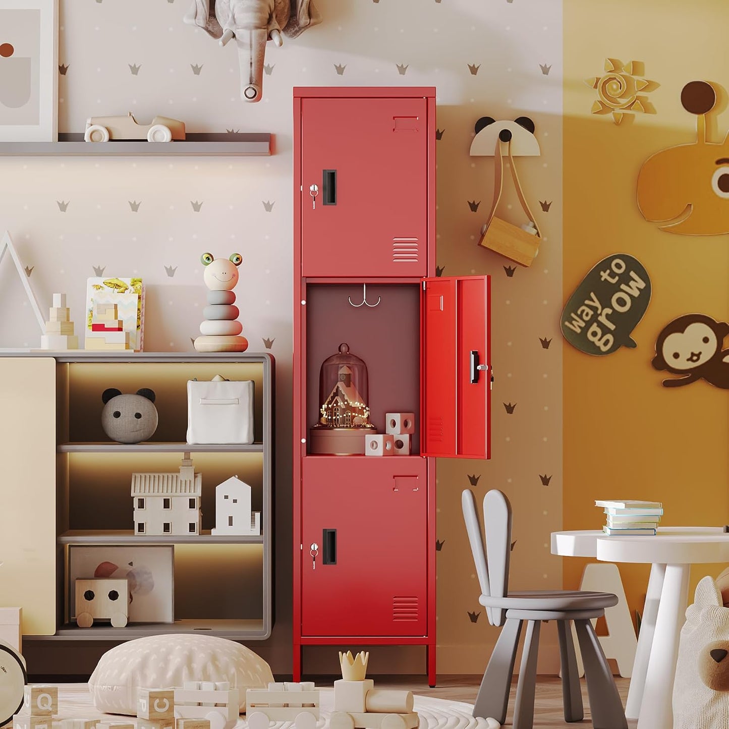 66" H*15.75" D*15.75" W Steel Storage Cabinet,3 Doors Metal Storage Locker for Employees,Employee Lockers with Lock,Hooks and Card Slot for School Gym Home Office, Assembly Required,Red,240 LBS