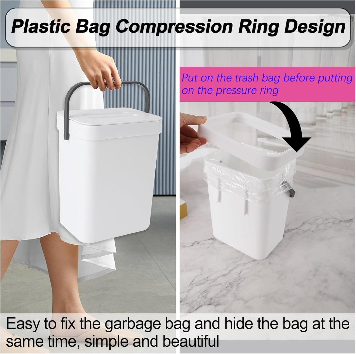 Compost Bin Kitchen, for use on Countertops or Under Sinks, Hanging Trash Can with Lid, for Cupboard/Bathroom/Bedroom/Office/Camping, Mountable Indoor Compost Bucket(White 1.3 Gallon/5L)