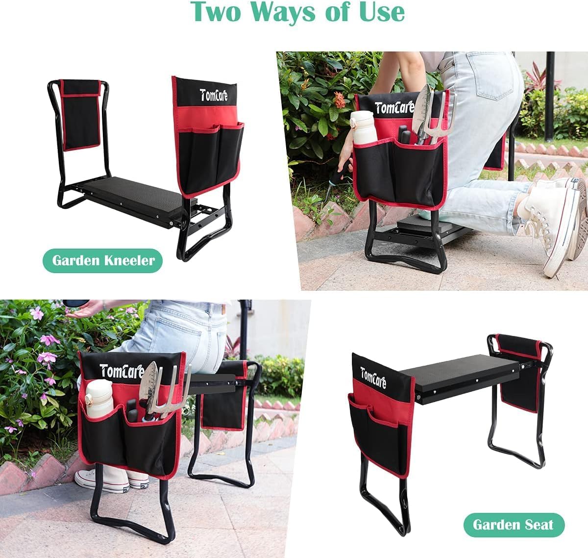 TomCare Garden Kneeler Seat Garden Bench Garden Stools Foldable Stool with Tool Bag Pouch EVA Foam Pad Outdoor Portable Kneeler Christmas Gardening Gifts for Women Men,Large 21.65"x10.62"x18.89",Black