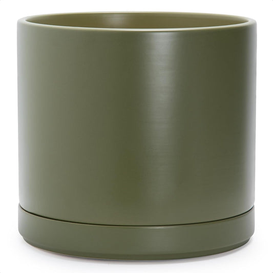 D'vine Dev 14 Inch Ceramic Planter Pot with Drainage Hole and Saucer, Indoor Cylinder Round Planter Pot, Olive, 94-O-G-J