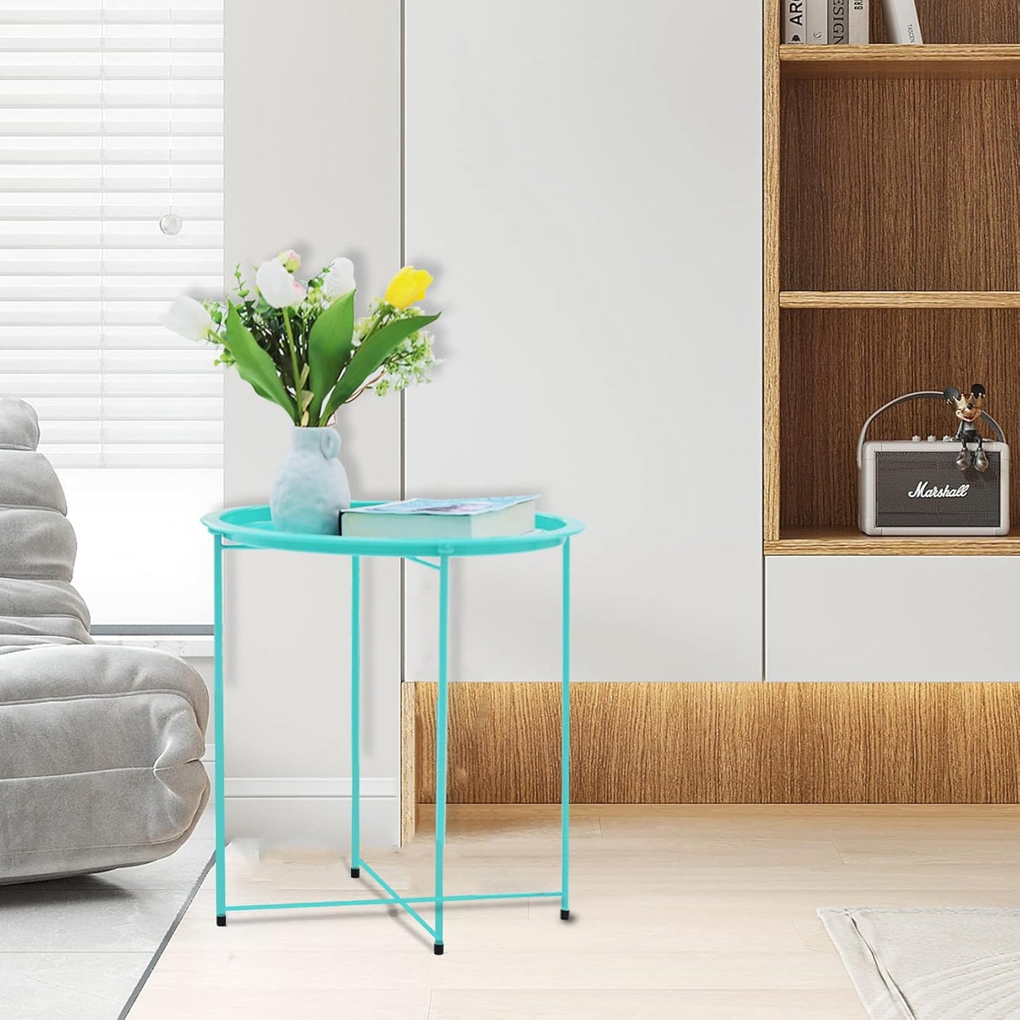 Garden 4 you End Table Metal Side Table Green Round Folding Tray Cyan Sofa Small Accent Fold-able Table, Round End Table Tray, Next to Sofa Table, Snack Table for Living Room and Bed Room