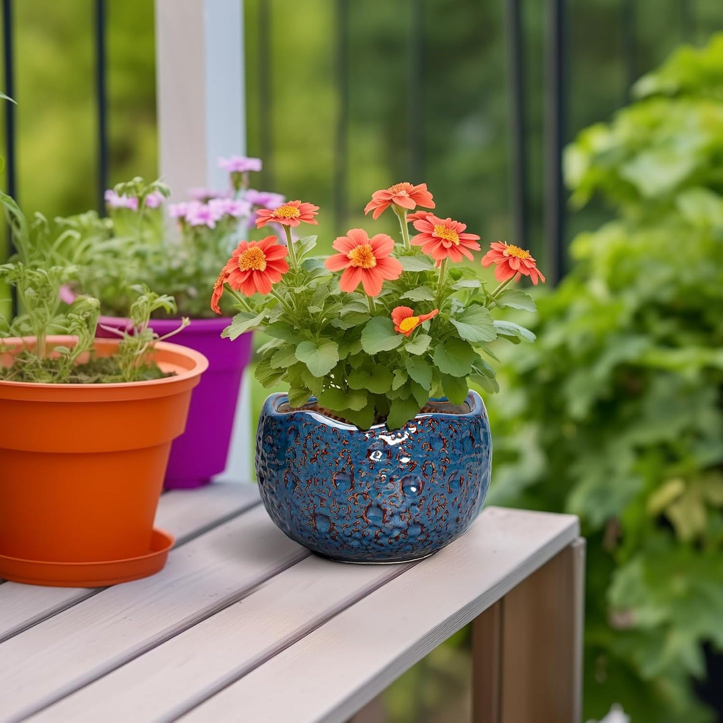 6 Inch Plant Pot - Ceramic Pots for Plants with Drainage Hole, Round Orchid Pot, Unique Planter for Indoor Outdoor, Modern Decorative Flower Pots, Room Decor, Plant Lovers Gifts, Retro Blue