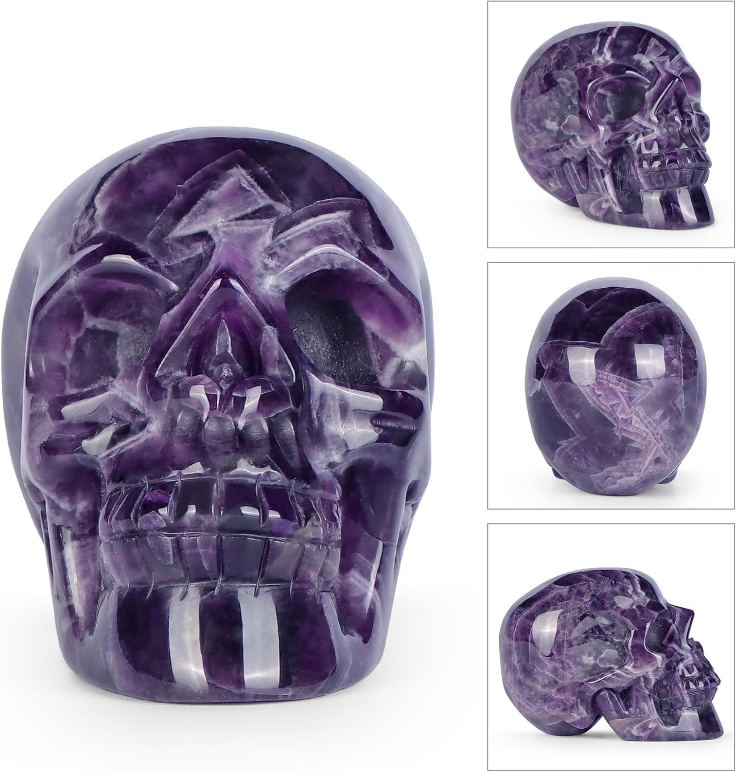 Amethyst Crystal Skull Head Figurine Hand Carved Large Quartz Gemstone Skull Statue Sculpture Decor for Day of The Dead Halloween(3 Inches)