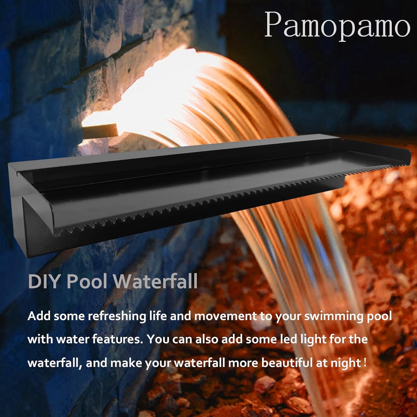 Pond Waterfall Spillway Pool Fountain Water Feature, Black Stainless Steel Outdoor Fountains, Swimming Pool Water Flow Waterfalls Kit for Garden Patio Ponds-11.8"x7.8"x3.9"(NO Light)