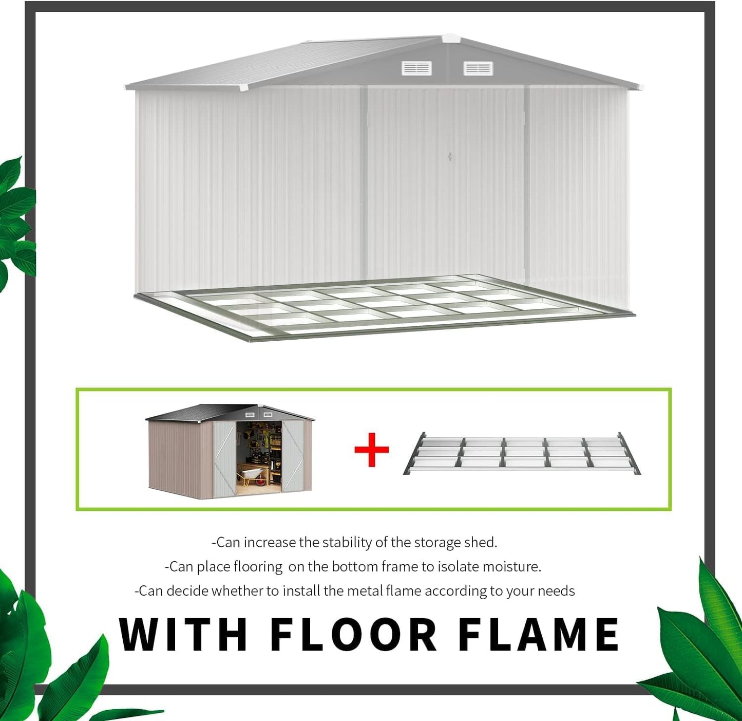 Aoxun 9.4x7.3x6.5 FT Outdoor Storage Shed, Garbage Can, Outdoor Metal Shed for Tool, Garden, Bike, Placed in Patio, Garden Brown Base Included