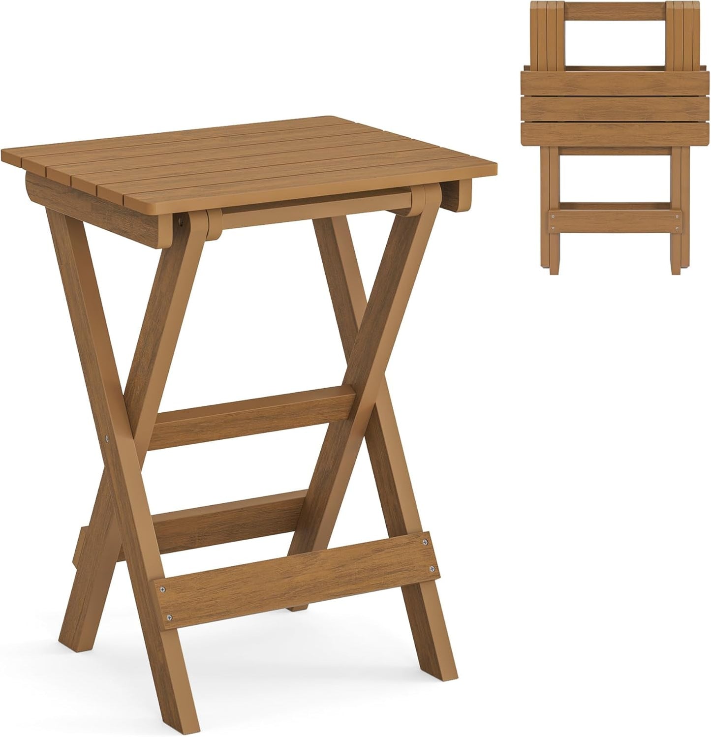 LUE BONA 27 inch Folding Side Table, HDPS Outside End Table for Patio, Porch, Deck, Pool, Weather Resistant, Teak Color Oil Printed