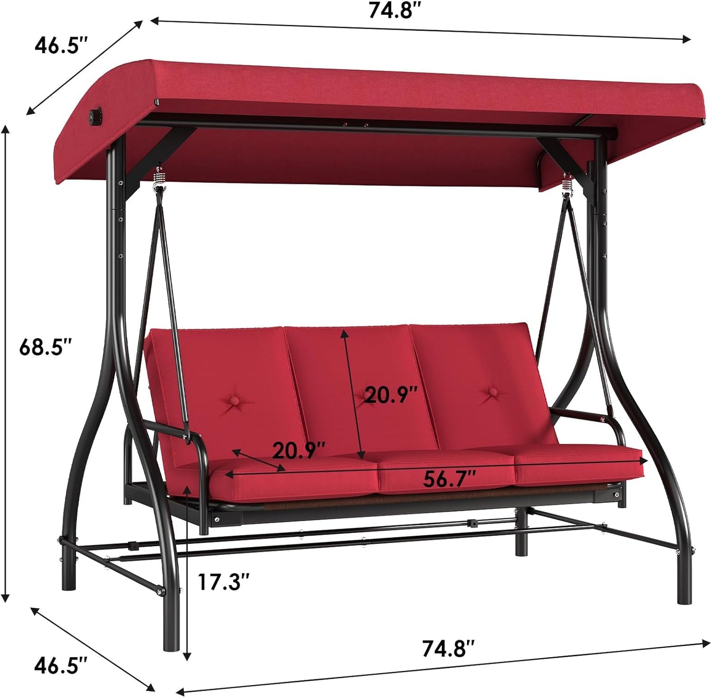 TLSUNNY 3-Seat Outdoor Patio Porch Swing with Adjustable Canopy & Backrest, Convertible Glider Bed with Stand, Removable Seat Cushion, 45° Tilt Adjustment for Backyard, Poolside, Balcony - 750LBS