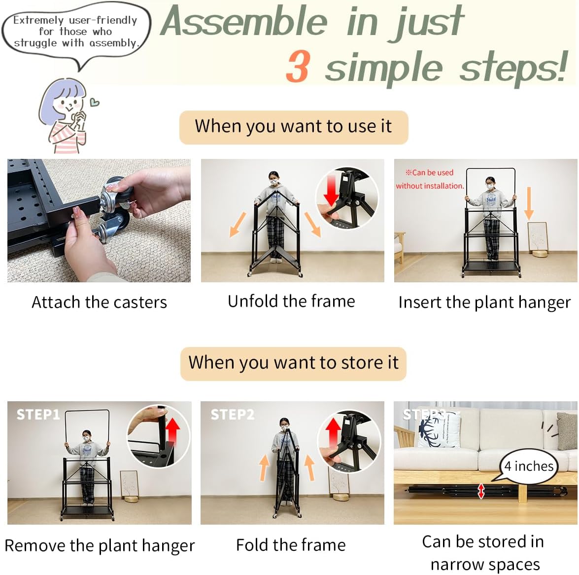 lumizone Foldable 4-Tier Plant Stand Indoor Outdoor Hanging Plant Shelf No Assembly Required Pot Placement Area With Wheels Sturdy Fall Prevention Storage Shelf Flower Pot Stand(4 Tier-Black)