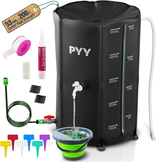 PYY Rain Water Collection Barrel - 53 Gallon Black Water Storage Tank with Spigot, Hose and Portable Bucket, Large Plastic Collapsible Rain Catcher Catchment System to Collect Rainwater from Gutter