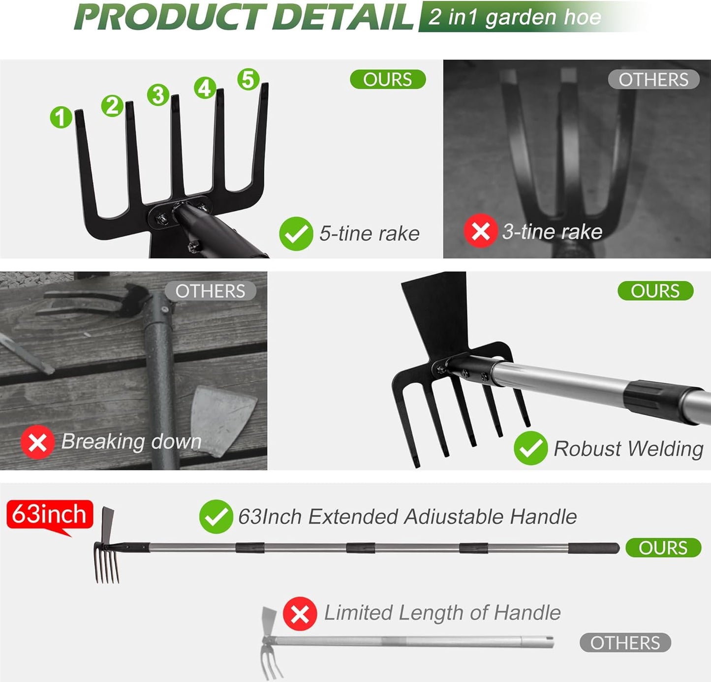 Walensee Hoe Garden Tool, 63 Inch Garden Hoe with Adjustable Long Handle for Weeding, 5-Tines Hoe Cultivator 2 in 1 Hand Weeder Tools for Yard Lawn Planting Gardening Digging