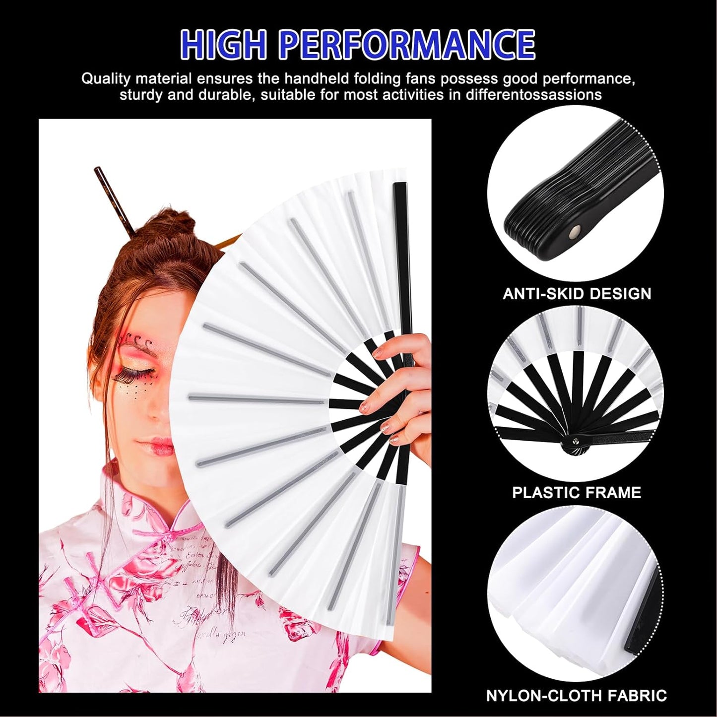 Blulu 4 Pcs 13 Inch Large Folding Hand Fans for Line Dancing Big Clapping Popping Raves Fans Bulk for Dancing Boots on The Ground Festival Party Decoration(Classic Style, White)