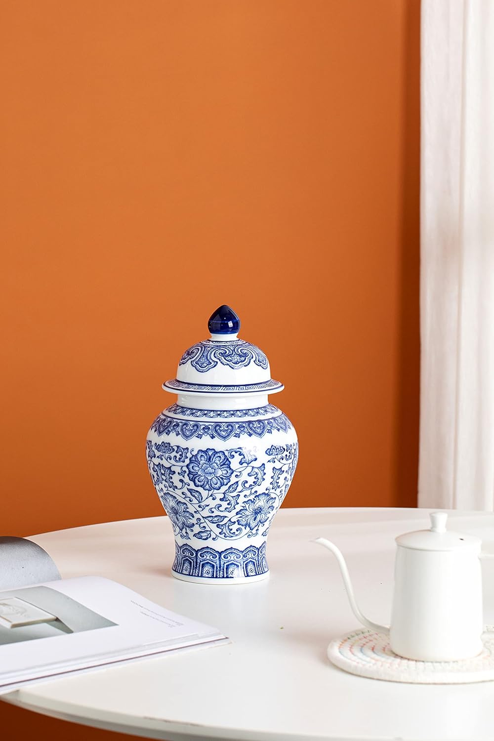 Blue and White Ginger Jar, Ceramic Chinoiserie Decorative Jars for Home, Office, Flower Vase Pocelain, Glossy Vase for Table, Living Room, Bookshelf, Mantle Fireplace, Centerpieces, 9.8"H