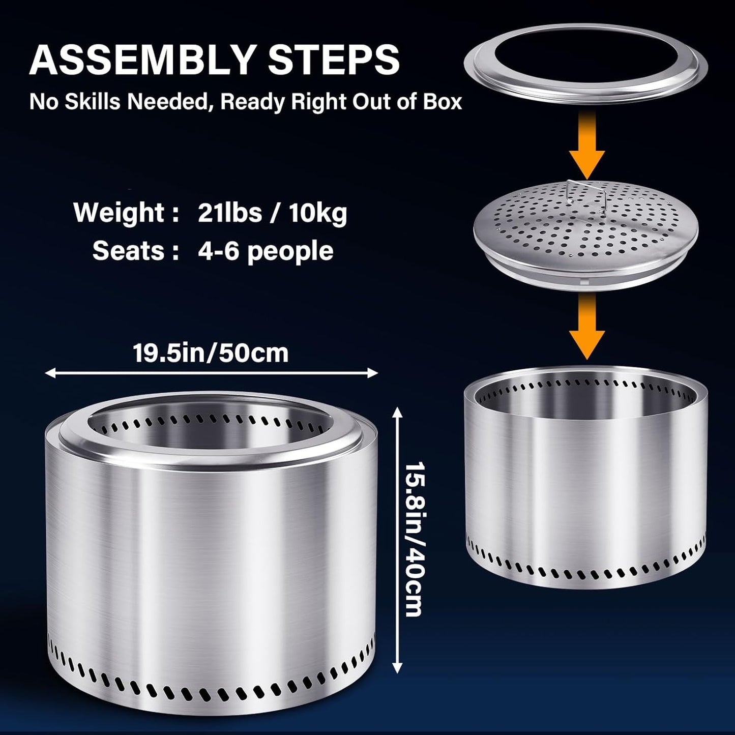 HGD 19.5" Smokeless Fire Pit Outdoor, Stainless Steel Wood Burning Firepit with Secondary Combustion, Backyard Patio Stove for Garden, BBQ & Bonfire