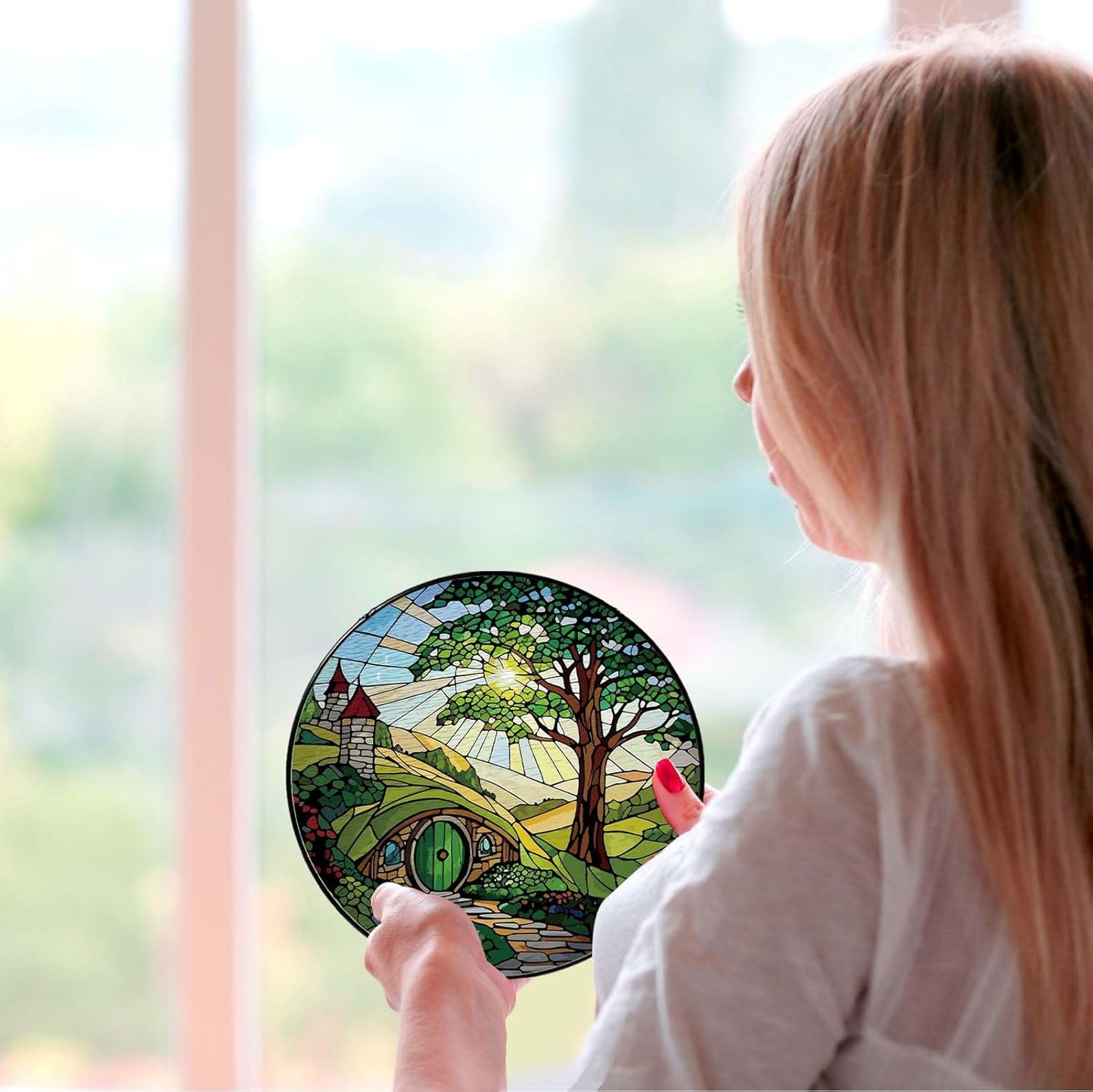 Shire Sun Catcher Stained Glass Window Hanging Gifts for Countryside Lover Women Scenery Wall Decor Handmade Sun Catcher Decoration for Home Garden Housewarming Gifts