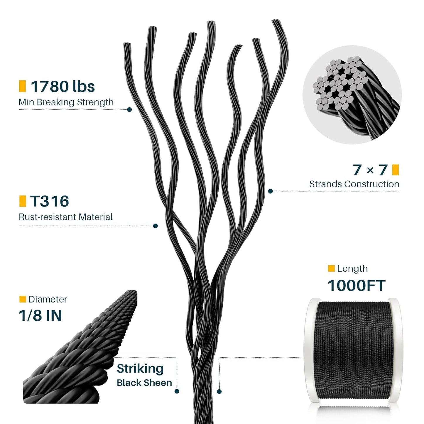 1000FT 1/8" Black T316 Stainless Steel Cable, 7x7 Strands Construction, Black Wire Rope Aircraft Cable for Indoor, Outdoor, Deck Fence Railing, and DIY Balustrades