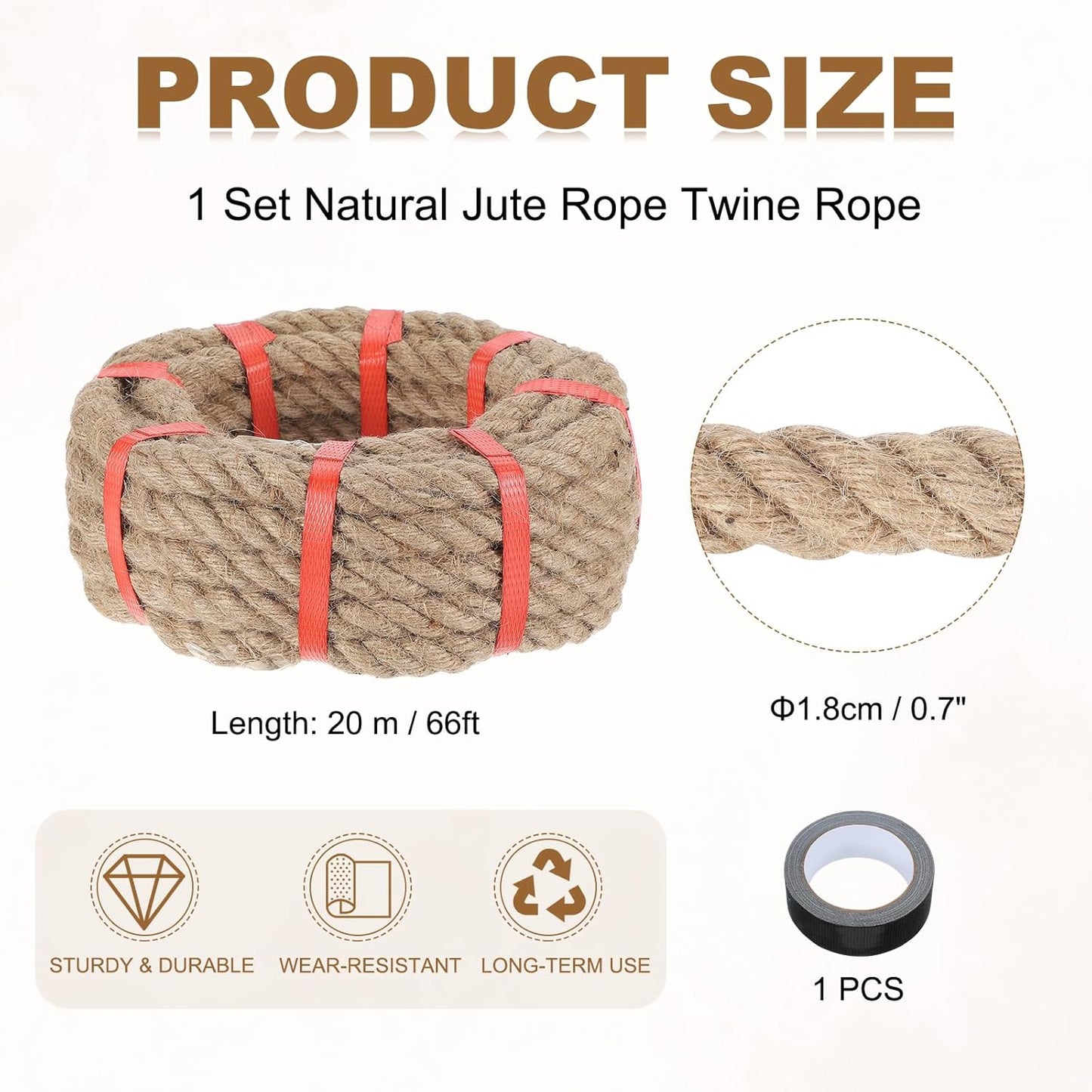 MECCANIXITY Jute Rope 0.7 Inch x 66ft, Thick Twine Rope Ropes Braided Jute Twine Natural Brown Burlap Cord String Heavy Twisted with Tape for Decorative Crafts Railing Swing Tug of War