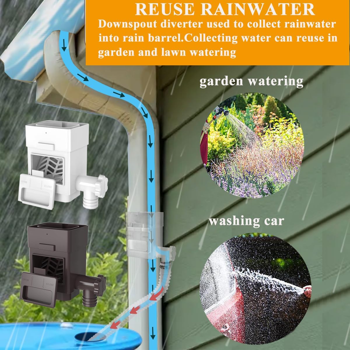 Rain Barrel Diverter Kit, Downspout Diverter Fits for 2x3 or 3x4 Inch Gutter Downspouts, Rainwater Collection System with Adjustable Valve and Filter - Brown