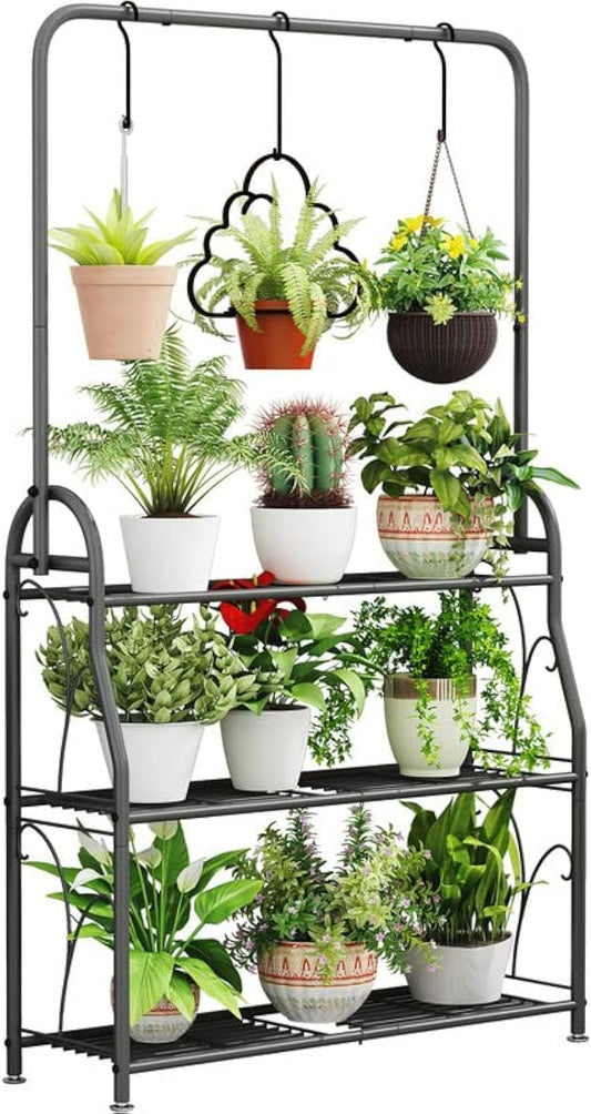 SORCEDAS Plant Stand Indoor Outdoor 3 Tier Tall Corner Hanging Plant Shelf Metal Flower Stands Ladder Plant Holder for Living Room Balcony Garden Patio Multiple Plants, Dark Grey